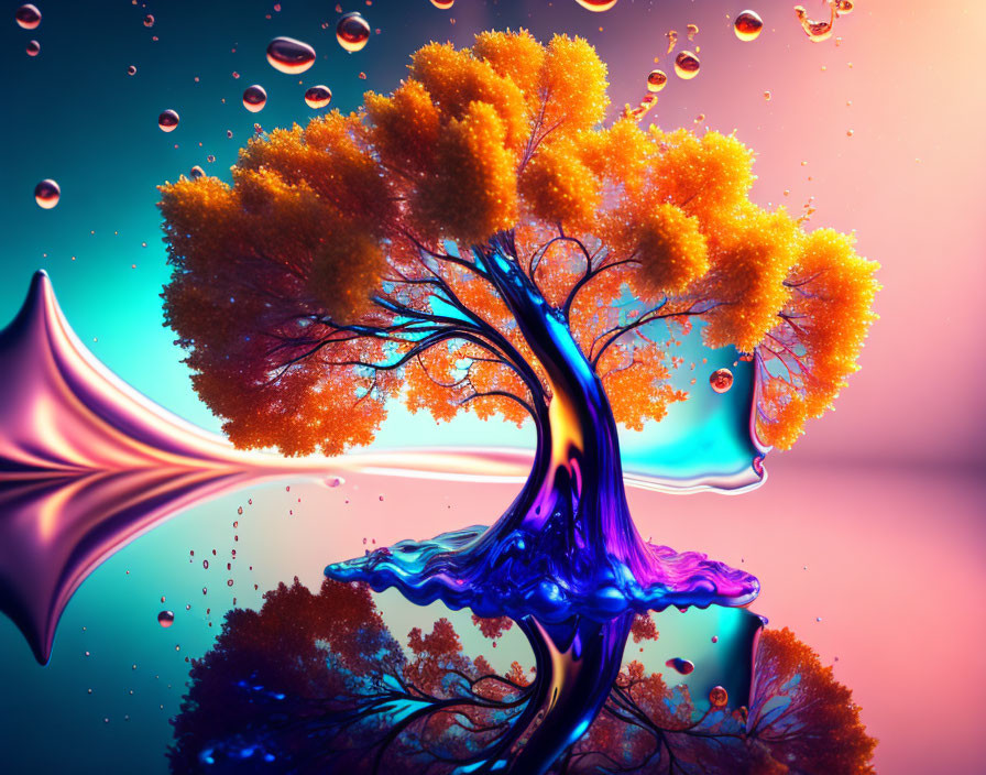 Colorful surreal tree artwork with orange foliage and purple trunk on teal and magenta background