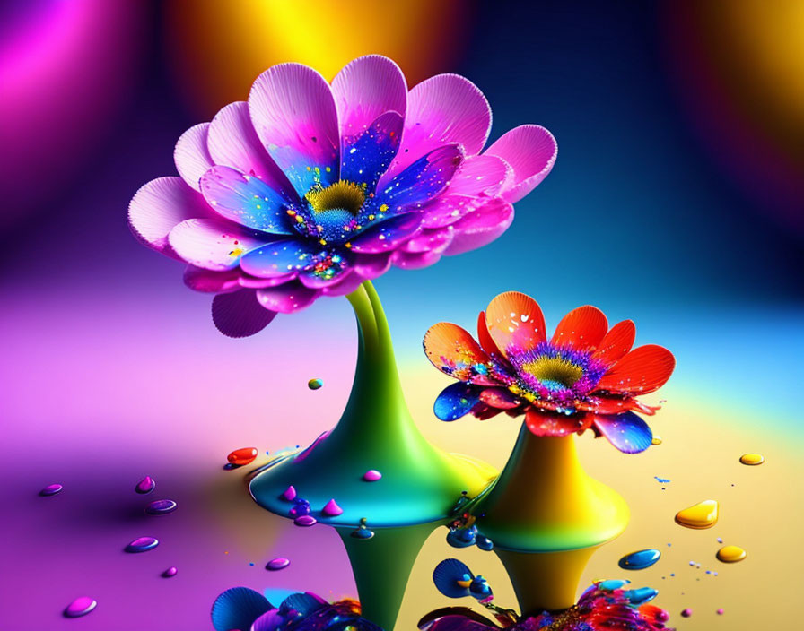 Colorful Stylized Flowers with Rainbow Hues on Abstract Background