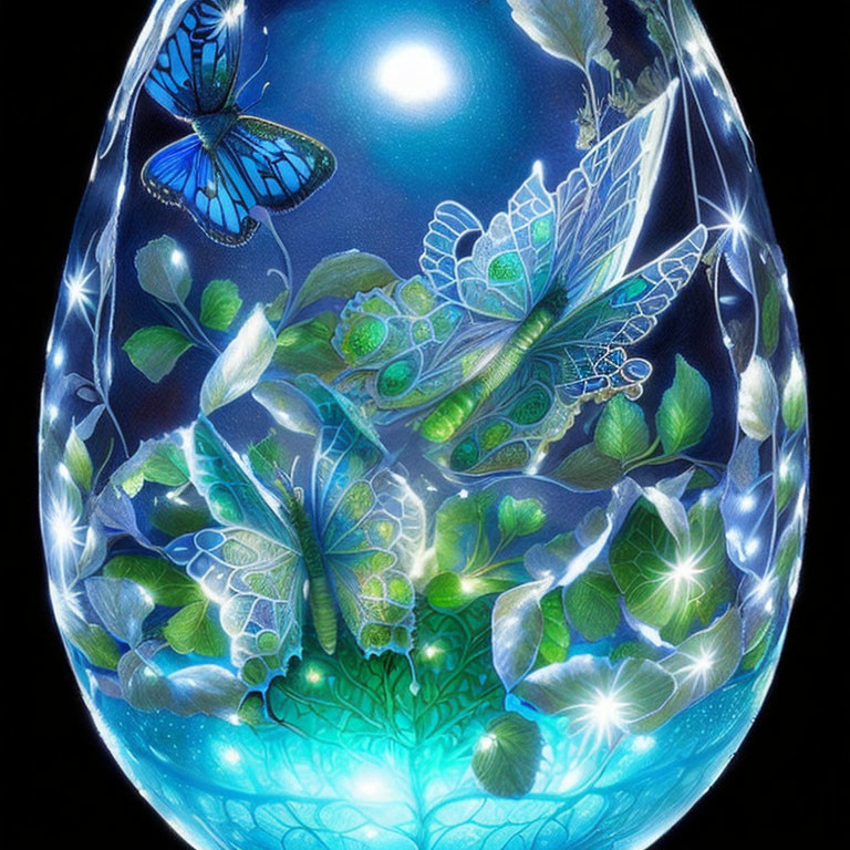 Intricate Butterfly and Leaf Designs on Luminous Egg Shape