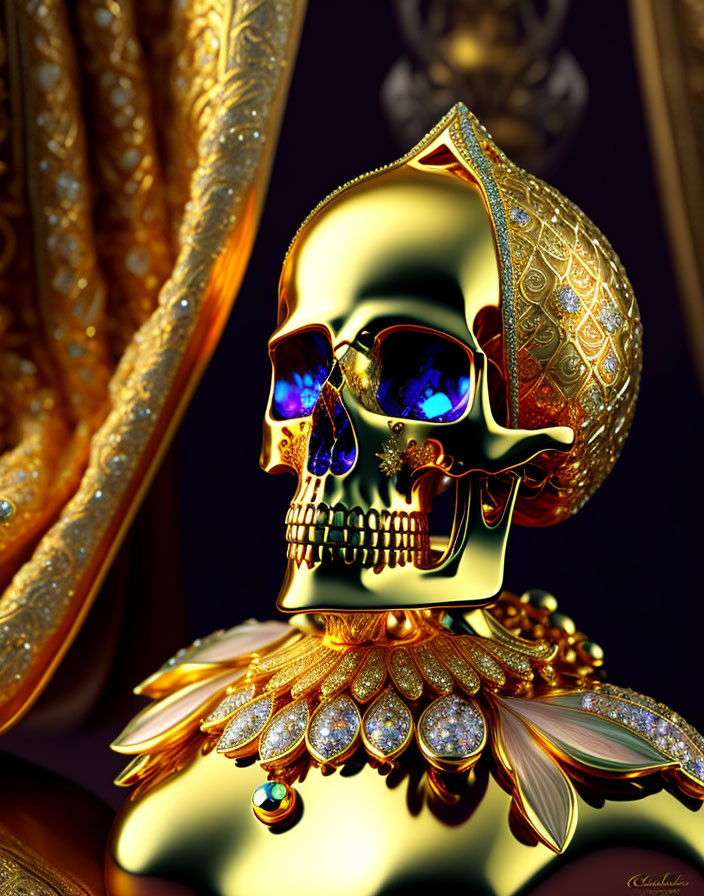 Golden skull with jewelry and gemstones on dark background.