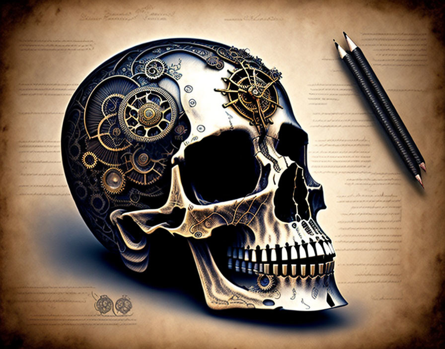 Steampunk-themed skull with clockwork on paper with pen