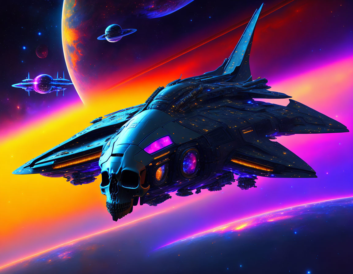 Futuristic skull spaceship in colorful space scene