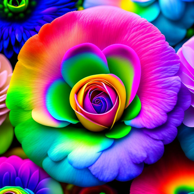 Vibrant Multicolored Rose with Purple to Green Gradient surrounded by Colorful Flowers