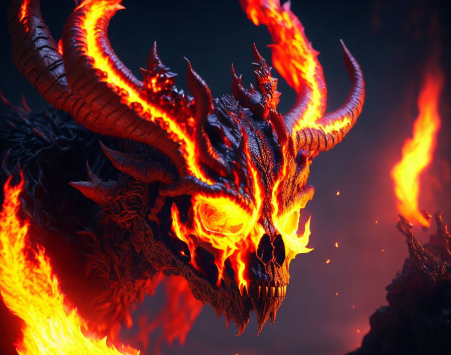 Fiery red dragon with horns and glowing eyes in flames