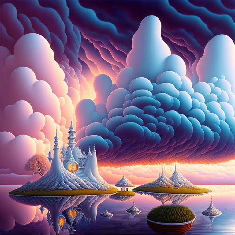 Surreal landscape with castle, bulbous clouds, reflective water, and vibrant colors