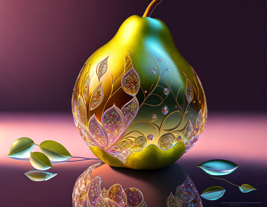 Intricately patterned pear with scattered leaves on reflective surface