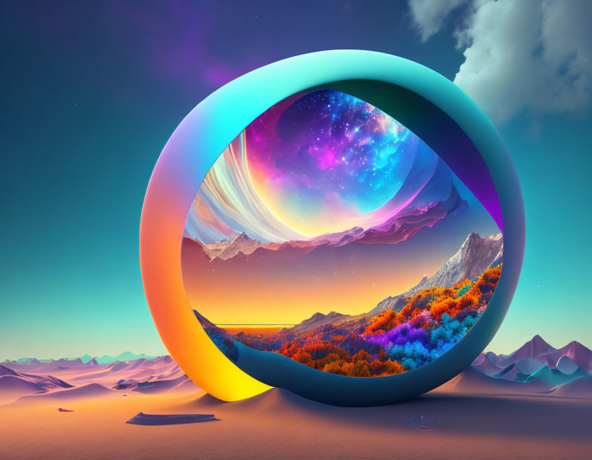 Vibrant surreal landscape with colorful mobius strip portal, starry universe, desert dunes,