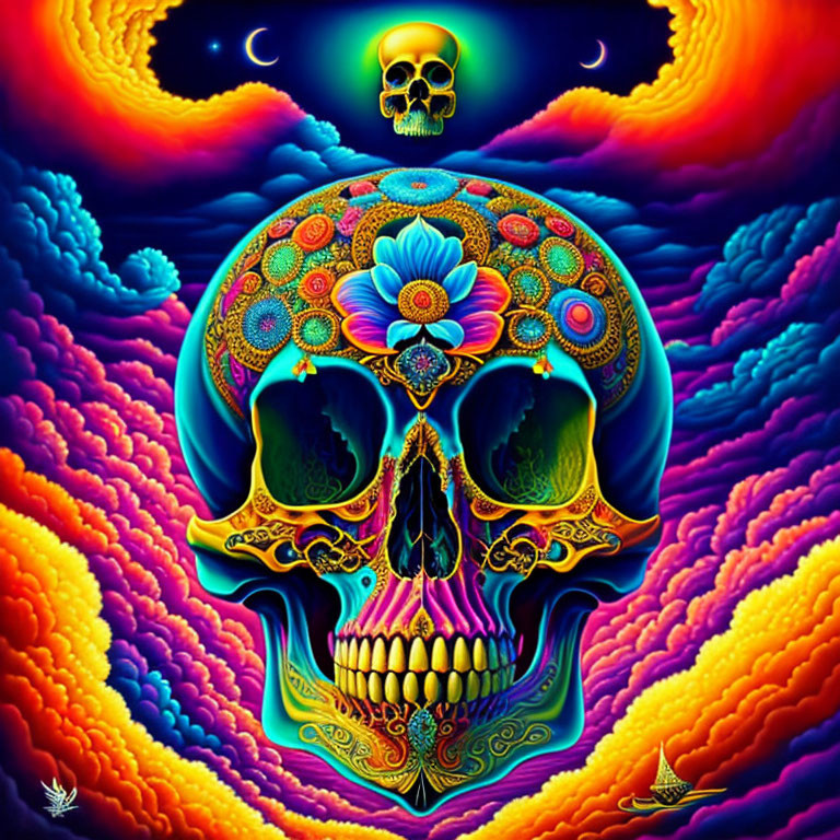 Colorful Psychedelic Skull Illustration with Floral Design