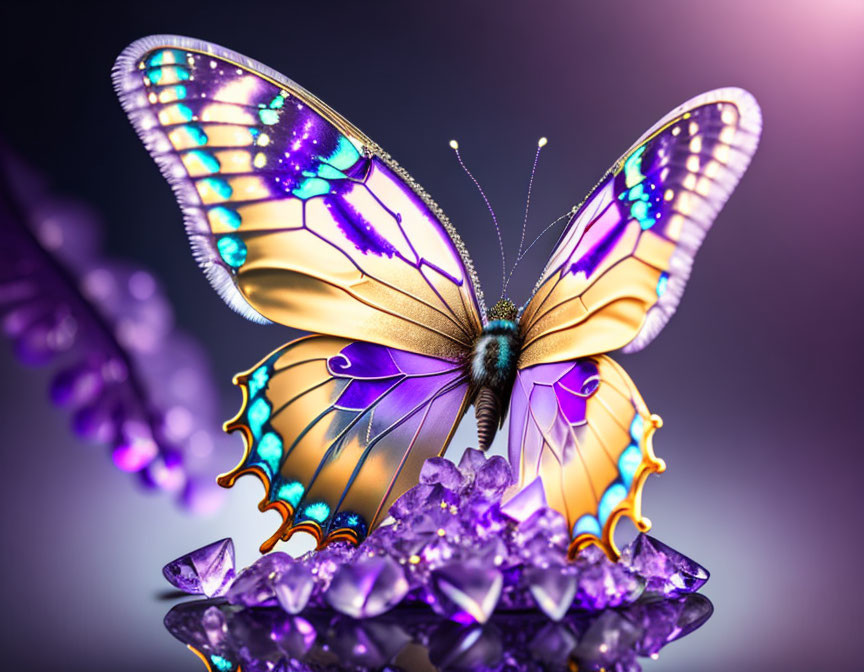 Colorful Butterfly Illustration on Purple Crystal Background