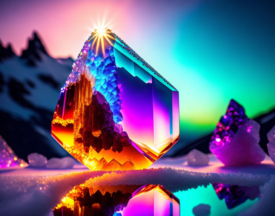 Vibrant crystal in mountainous backdrop with dynamic reflections