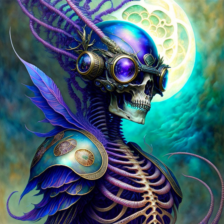 Fantasy skeletal creature with steampunk helmet, purple tentacles, and blue winged armor.