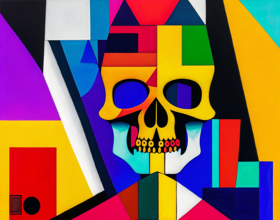 Colorful Abstract Geometric Painting with Stylized Skull Centerpiece