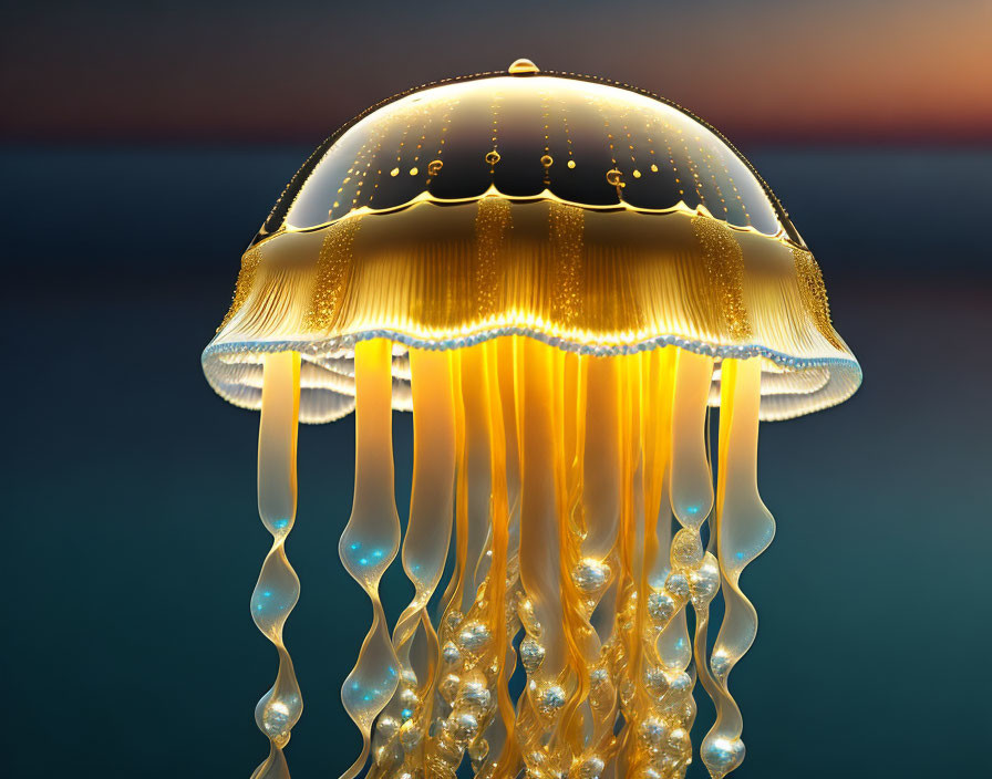 Golden jellyfish with intricate tentacles in twilight ocean