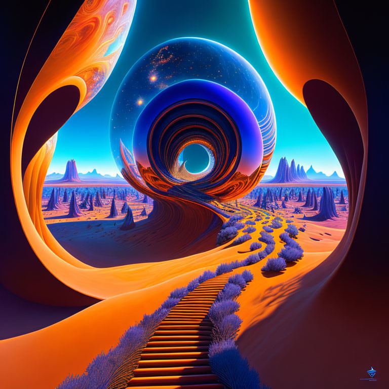 Vibrant desert landscape with swirling portal and staircase.