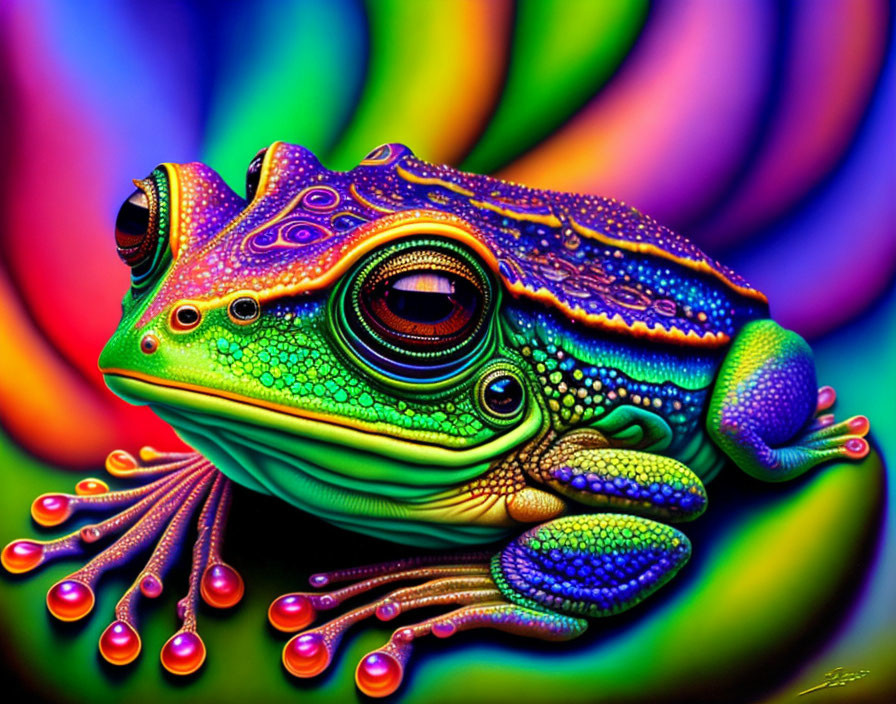 Colorful Psychedelic Frog Illustration on Swirling Background