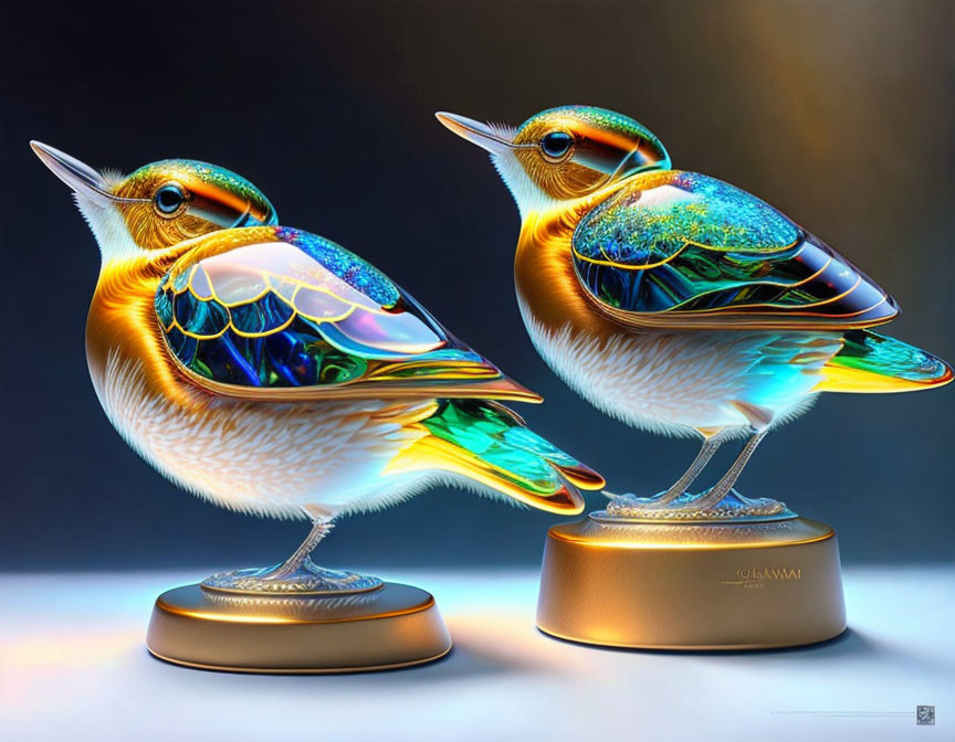 Colorful Glass Bird Sculptures on Pedestal with Intricate Patterns