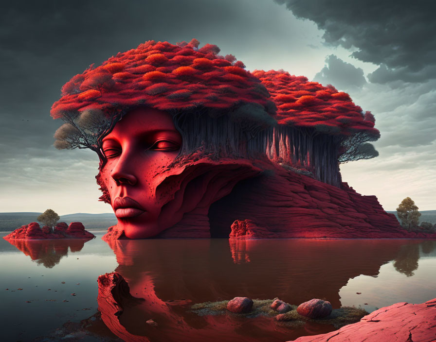 Red-hued face-shaped landform with fluffy tree canopies in surreal landscape