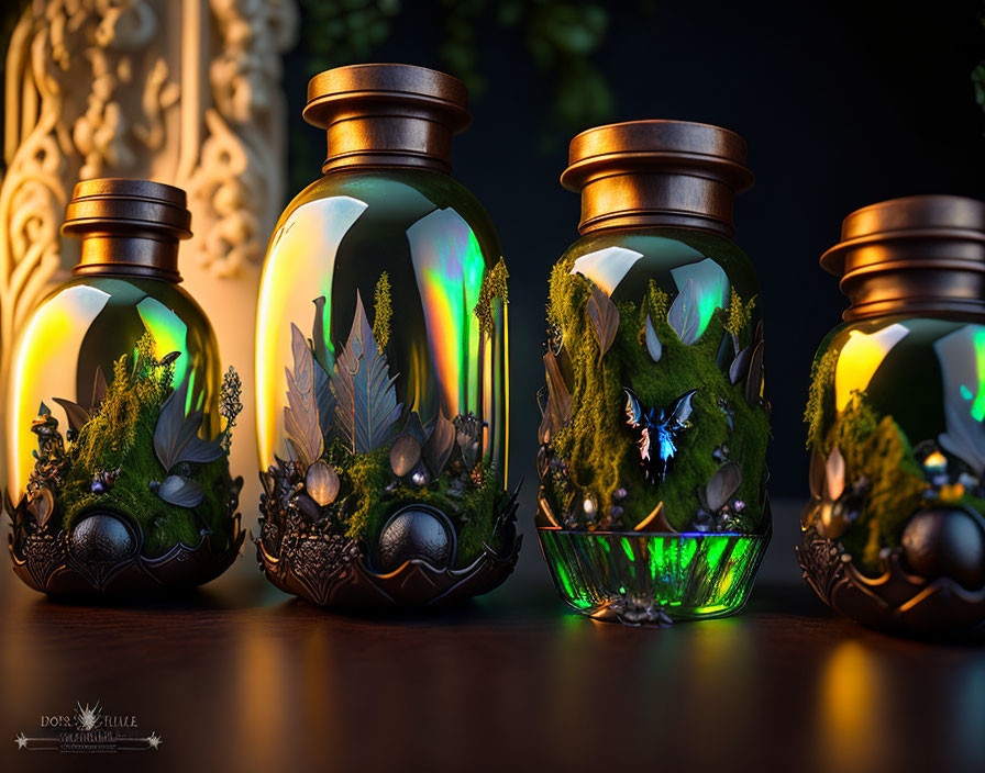 Miniature mystical forest scenes in ornate jars with glowing lights and flying creature on dark background