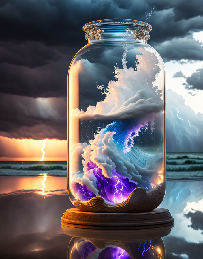 Jar with dynamic ocean storm scene: lightning, dramatic cloudy sky at twilight