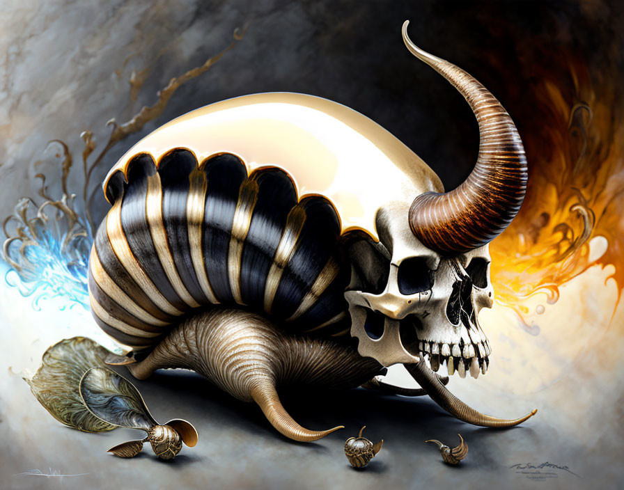 Skull with Ram Horns and Shell Artwork with Fire and Water Elements