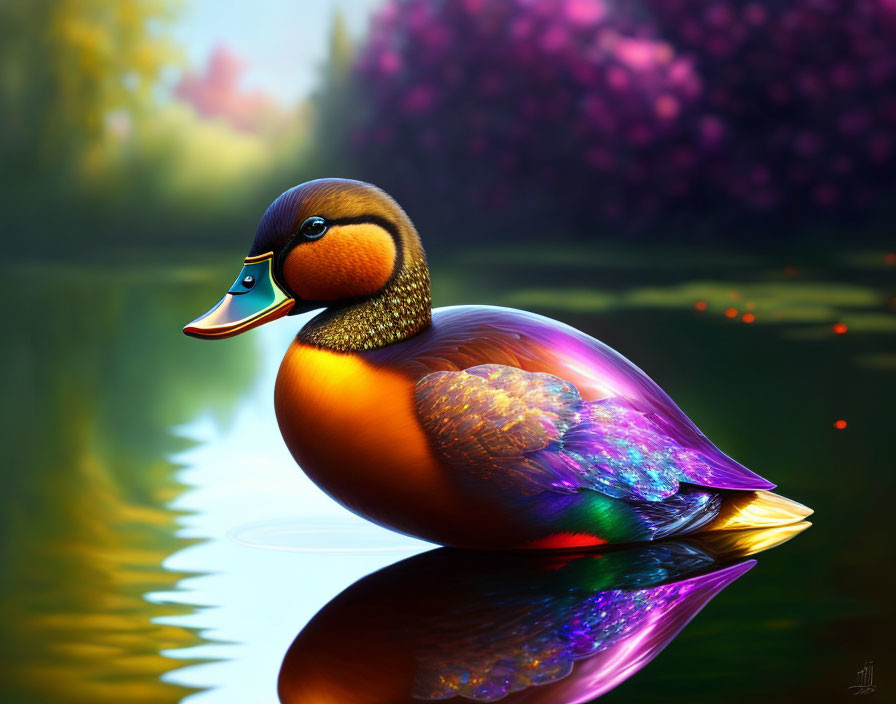 Colorful Duck Artwork Floating on Water with Foliage Background