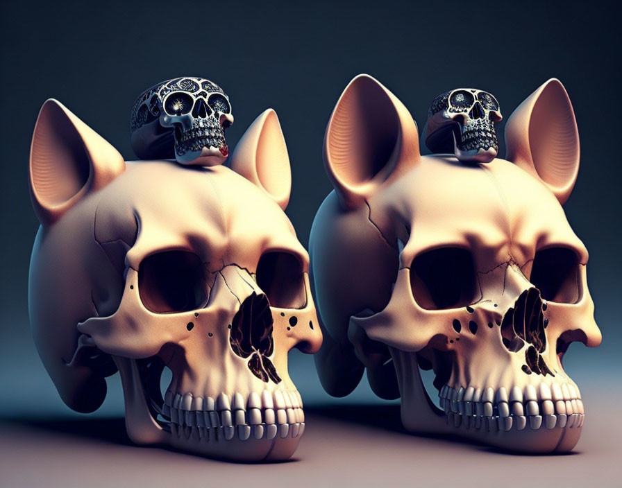 Stylized pig skulls with intricate engravings on dark background