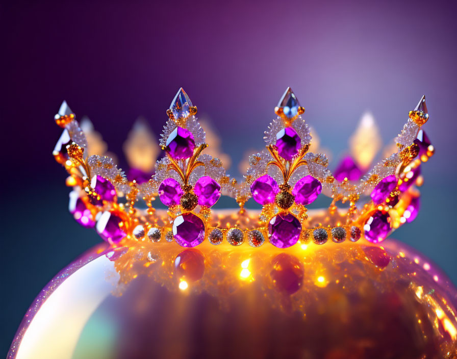 Gold and Purple Gemstone Tiara on Purple and Teal Gradient Background