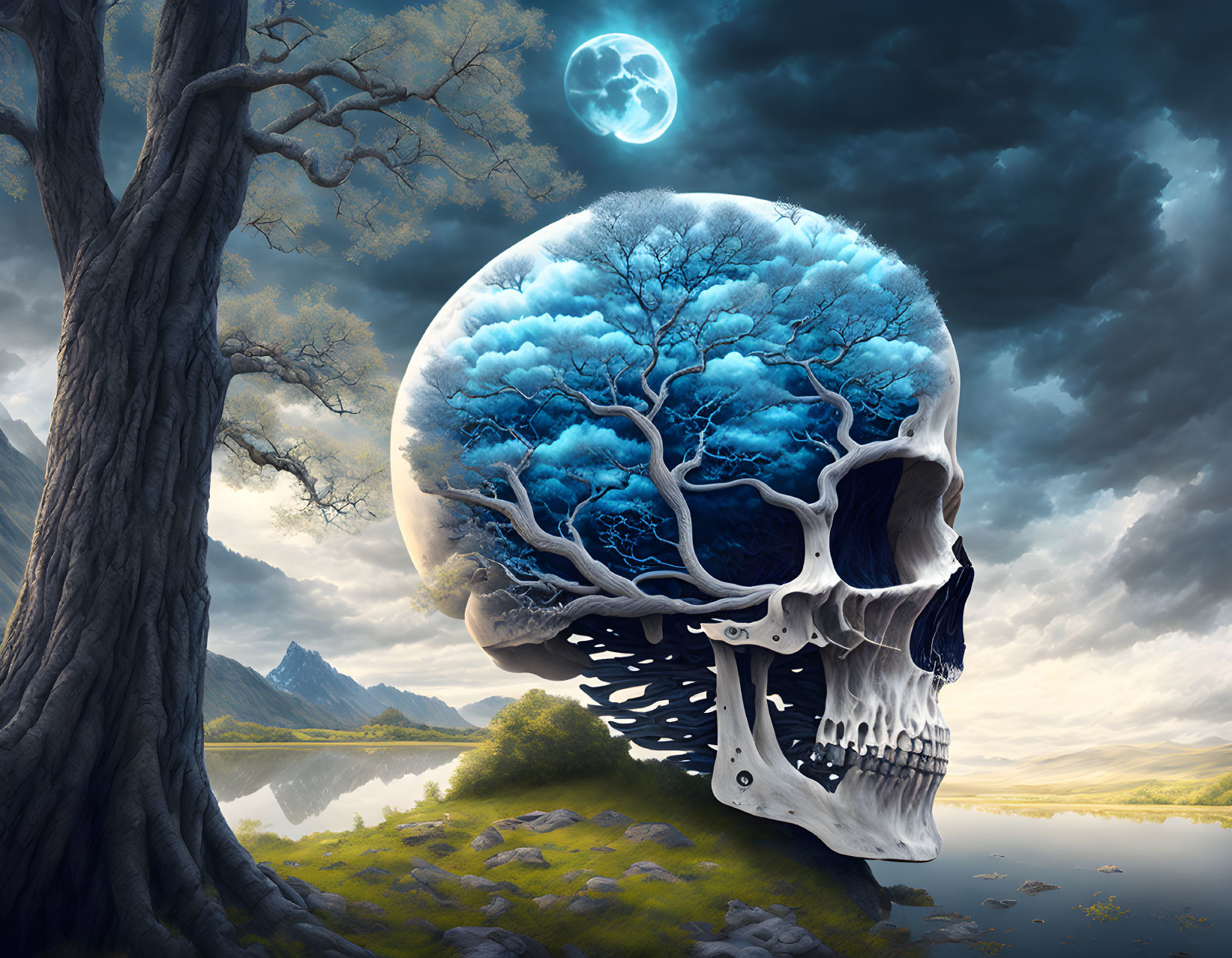 Skull with brain-shaped tree under moonlit sky by lake