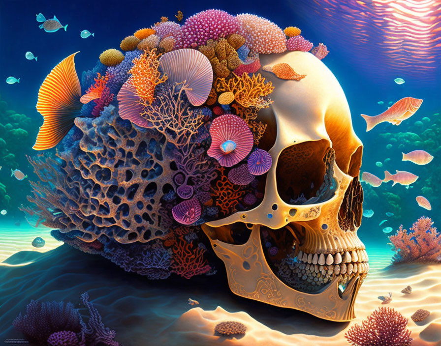 Colorful Coral Surrounds Human Skull in Underwater Scene