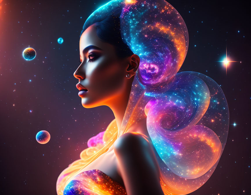 Profile of woman with cosmic theme, blending into starry space backdrop.