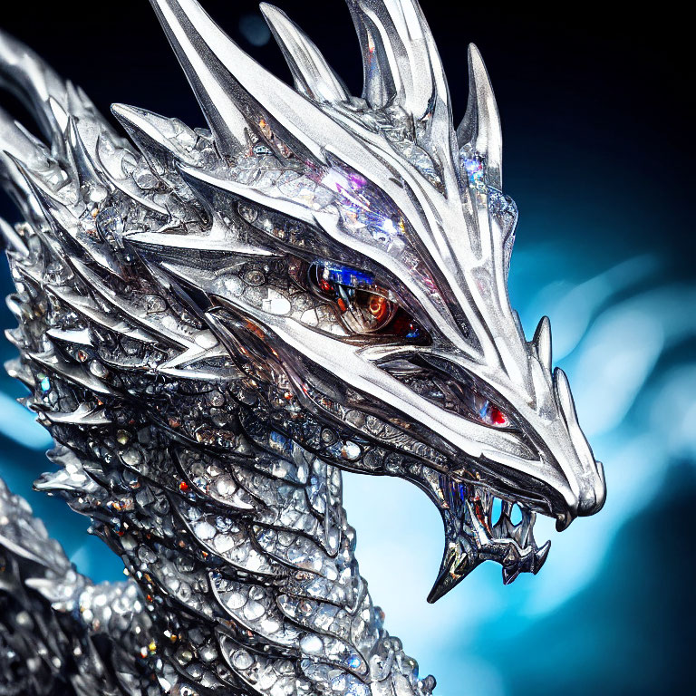 Detailed Metallic Dragon Sculpture with Intricate Scales and Red Eye