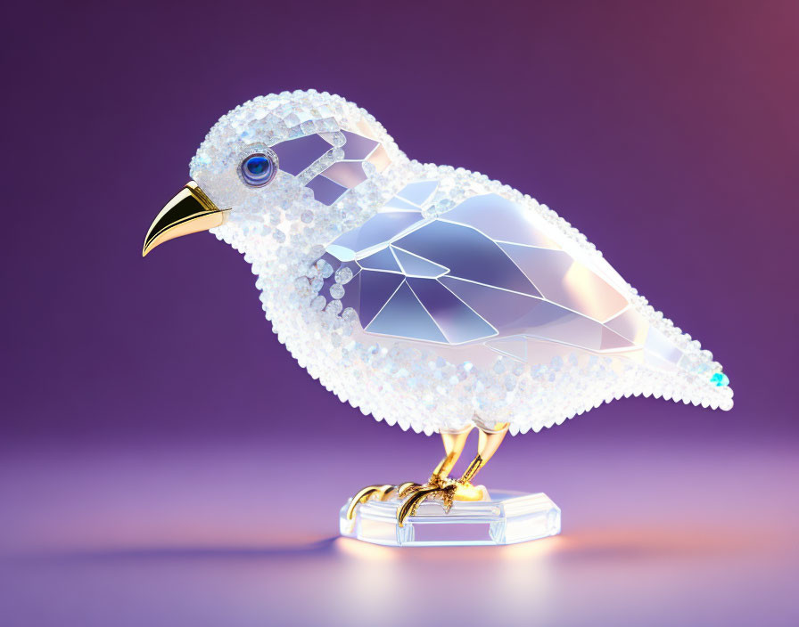 Faceted Crystal Bird Figurine on Geometric Base Against Purple Gradient Background