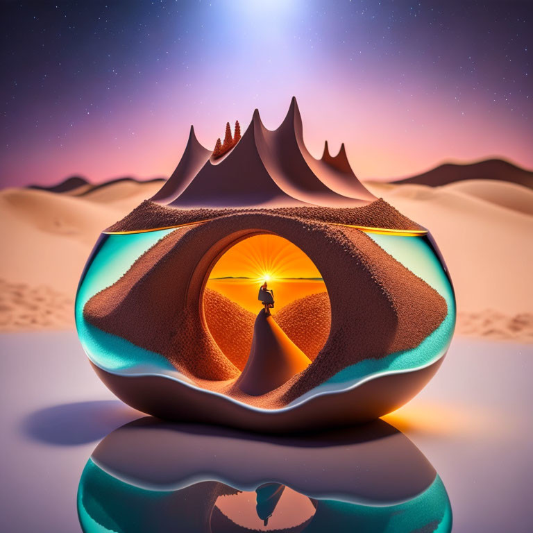 Glowing orb structure with desert dune layers under twilight sky.