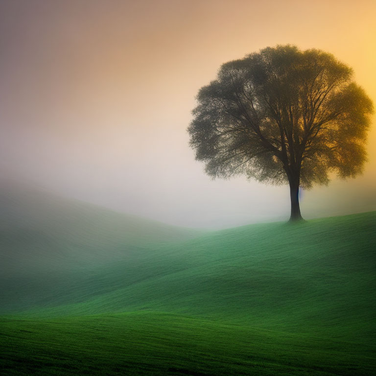 Solitary Tree on Misty Green Hillside in Warm Light