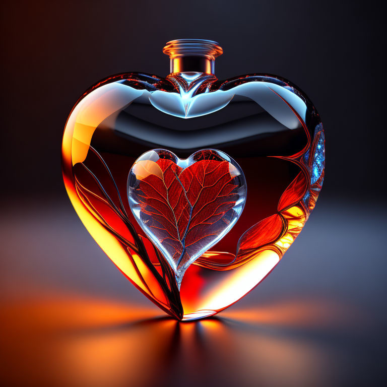 Translucent Heart-Shaped Bottle with Leaf Patterns and Glowing Edges