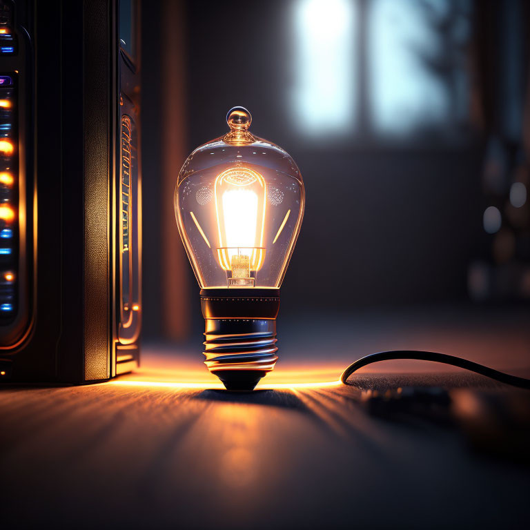 Vintage-style light bulb and computer tower on wooden desk in dimly lit room