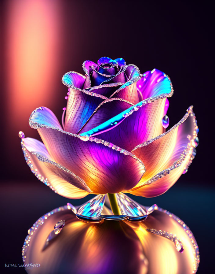 Colorful digital rose artwork with purple to gold gradient, dewdrops, and sparkling strands on soft bo