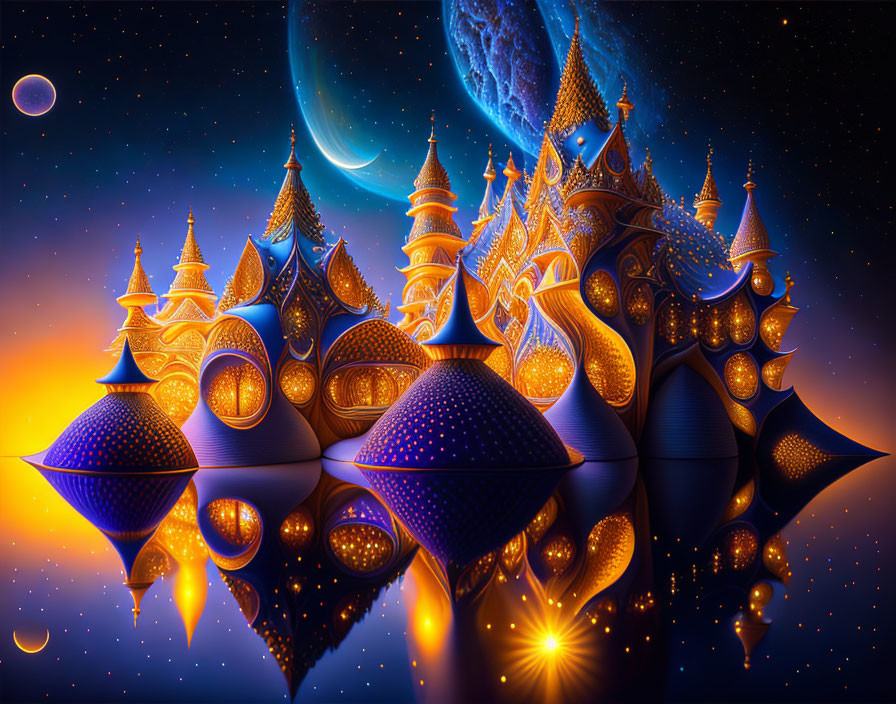 Alien landscape with glowing buildings under starry sky