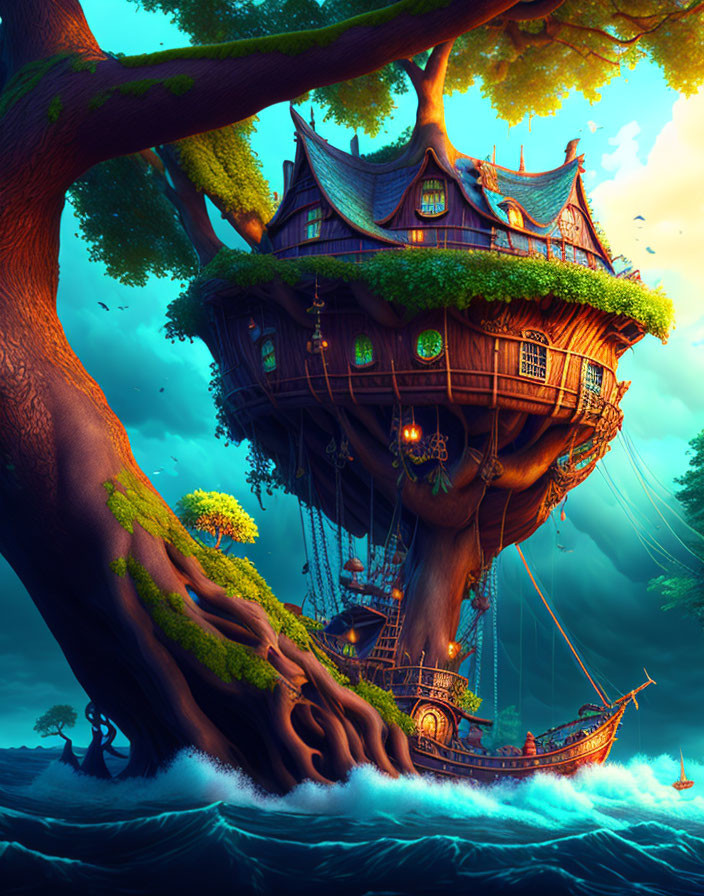 Unique treehouse styled like wooden ship on massive tree with rigging and boat, glowing warmly.