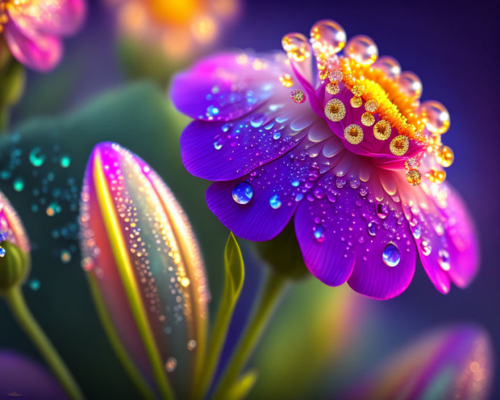 Colorful Flower Artwork with Dewdrops on Petals on Purple Background