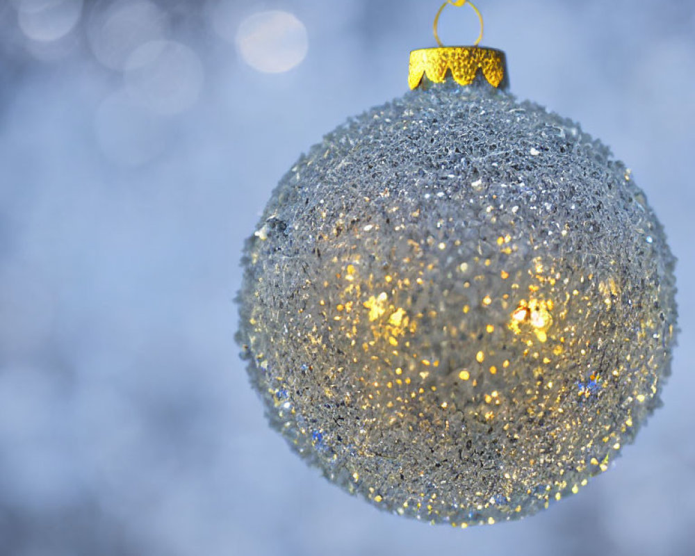 Shimmering silver Christmas bauble against blue and white bokeh lights