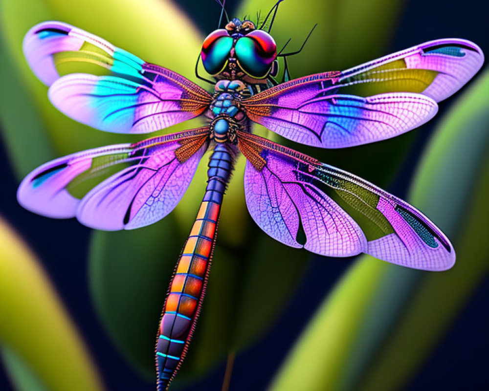 Colorful Dragonfly Illustration Perched on Green Plant