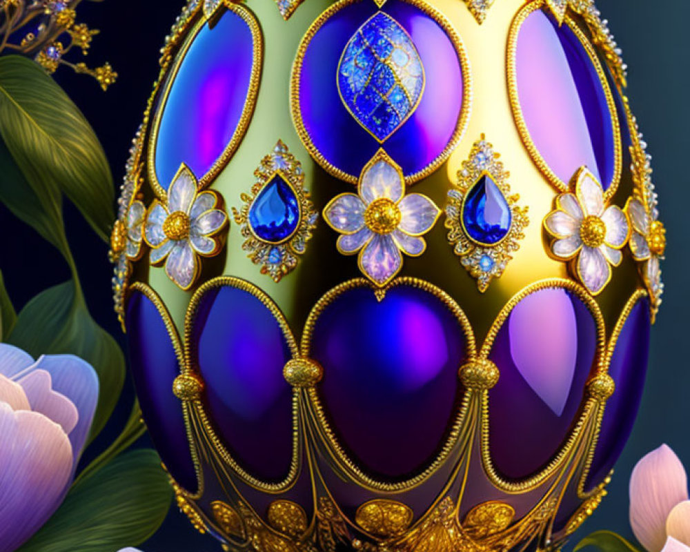 Luxurious decorative egg with gold filigree, gems, and pastel flowers on dark background