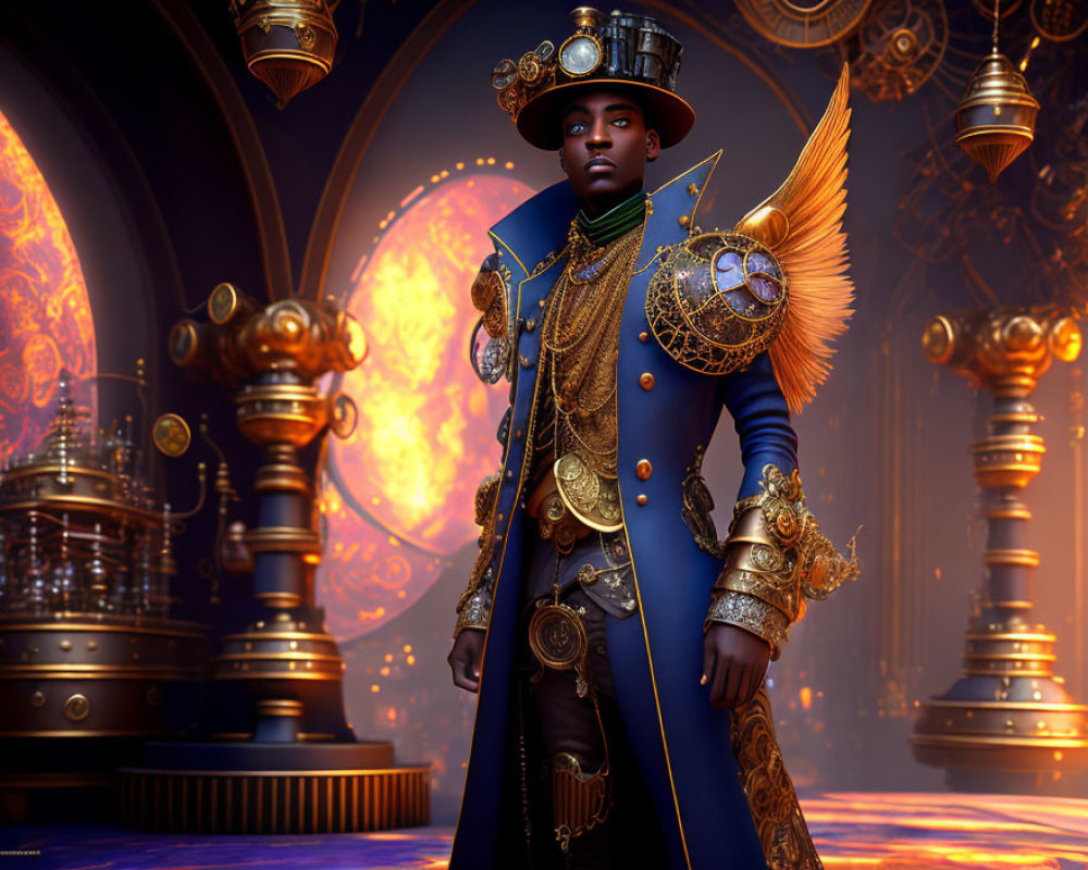 Regal figure in gold-trimmed blue military uniform in opulent hall