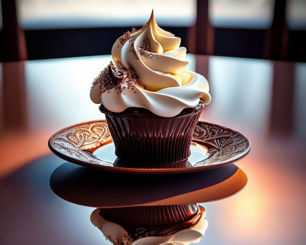 Decadent cupcake with creamy frosting and chocolate sprinkles on ornate plate