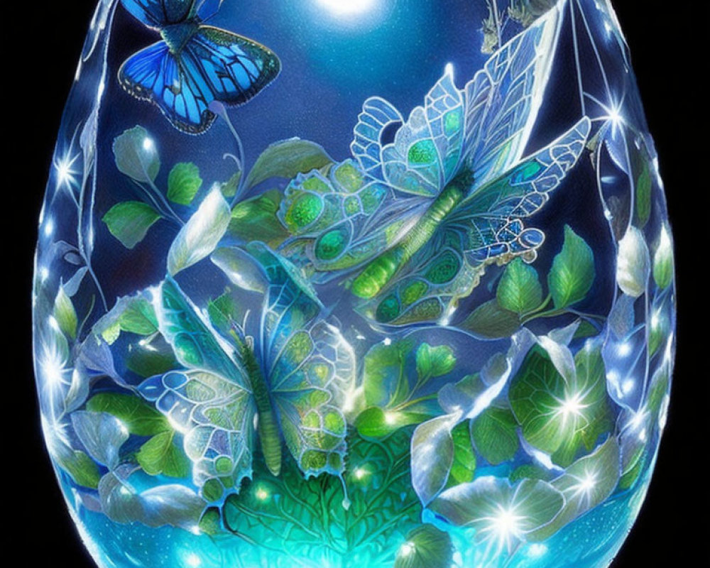 Intricate Butterfly and Leaf Designs on Luminous Egg Shape