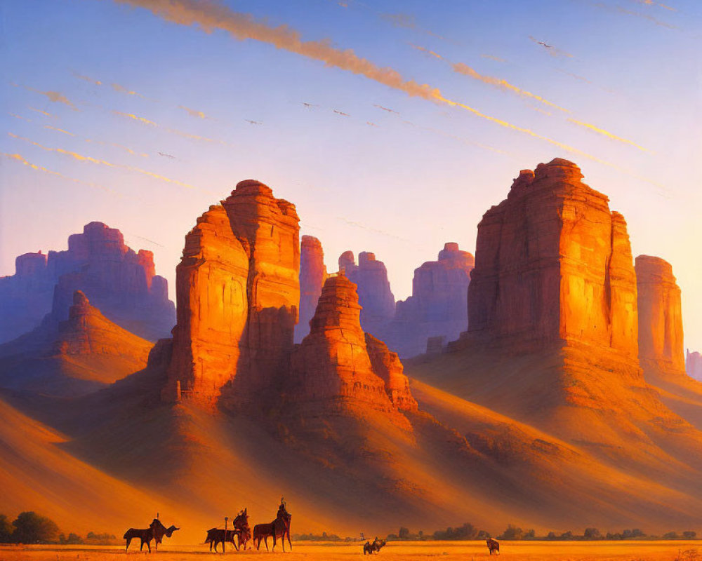 Red rock formations and horse riders in golden-lit landscape at dusk