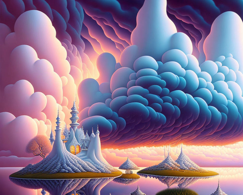 Surreal landscape with castle, bulbous clouds, reflective water, and vibrant colors