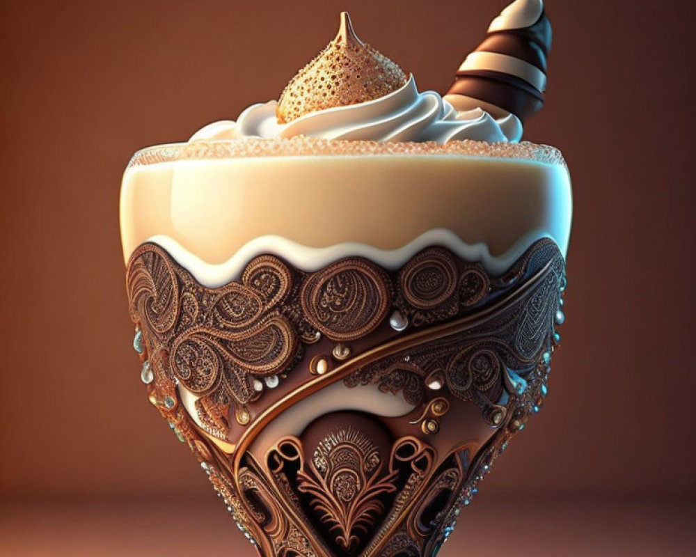 Creamy dessert in ornate glass with whipped cream and chocolate garnish on warm backdrop