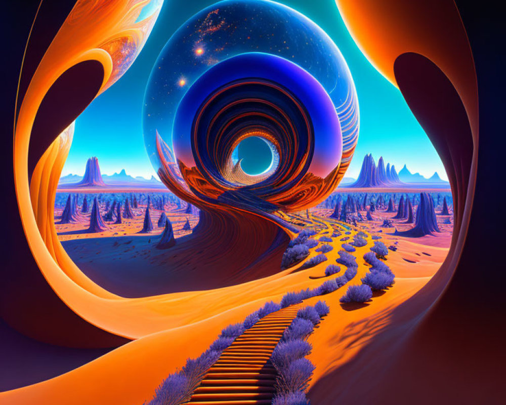 Vibrant desert landscape with swirling portal and staircase.